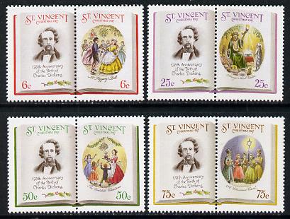 St Vincent 1987 Christmas (Charles Dickens) set of 8 unmounted mint (4 se-tenant pairs) as SG 1116-23 (gutter pairs available pro-rata), stamps on literature, stamps on personalities, stamps on christmas, stamps on dickens