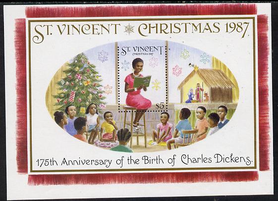 St Vincent 1987 Christmas (Charles Dickens) m/sheet (Teacher reading to Class) $5 stamp perf on 3 sides only (imperf at top) unmounted mint as SG MS 1124, stamps on literature, stamps on personalities, stamps on christmas, stamps on education, stamps on dickens