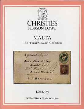 Auction Catalogue - Malta - Christies 22 Mar 1989 - the Francisco coll - with prices realised, stamps on 