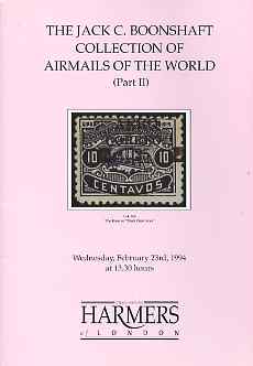 Auction Catalogue - Airmails - Harmers 23 Feb 1994 - the Jack C Boonshaft coll part 2 - cat only, stamps on 