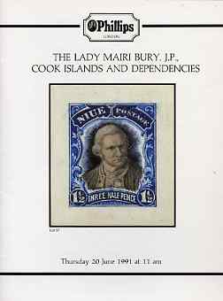 Auction Catalogue - Cook Islands - Phillips 20 June 1991 - the Lady Mairi Bury JP - cat only, stamps on 