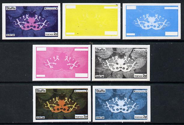 Staffa 1974 Butterflies & Scout Anniversary 2p (Garden Tiger) set of 7 imperf progressive colour proofs comprising the 4 individual colours plus 2, 3 and all 4-colour com..., stamps on butterflies      scouts
