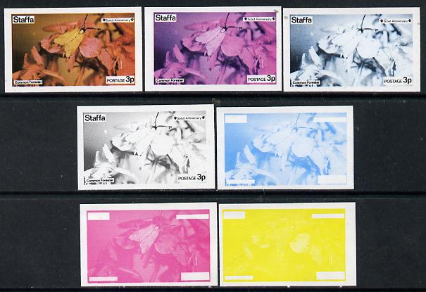 Staffa 1974 Butterflies & Scout Anniversary 3p (Common Forester) set of 7 imperf progressive colour proofs comprising the 4 individual colours plus 2, 3 and all 4-colour ..., stamps on butterflies      scouts