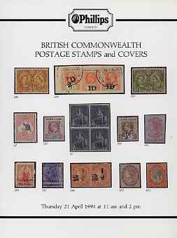 Auction Catalogue - British Commonwealth - Phillips 21 Apr 1994 - incl West Indies & Canada - with prices realised (some ink notations), stamps on 