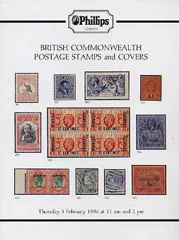 Auction Catalogue - British Commonwealth - Phillips 3 Feb 1994 - incl India & States & Canada - with prices realised , stamps on 