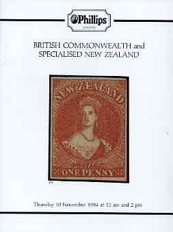 Auction Catalogue - British Commonwealth - Phillips 10 Nov 1994 - incl the Ian Fogg & W Jackson collections of New Zealand - with prices realised , stamps on 
