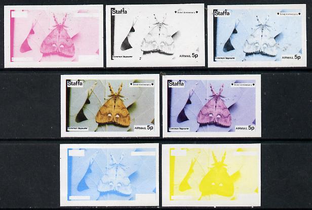 Staffa 1974 Butterflies & Scout Anniversary 5p (Common Vapourer) set of 7 imperf progressive colour proofs comprising the 4 individual colours plus 2, 3 and all 4-colour ..., stamps on butterflies      scouts
