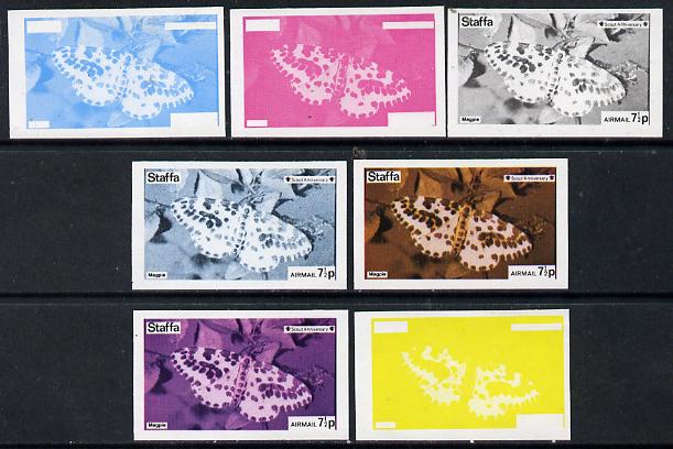 Staffa 1974 Butterflies & Scout Anniversary 7.5p (Magpie) set of 7 imperf progressive colour proofs comprising the 4 individual colours plus 2, 3 and all 4-colour composi..., stamps on butterflies      scouts