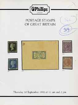 Auction Catalogue - Great Britain - Phillips 10 Sept 1992 - cat only (some ink notations), stamps on 