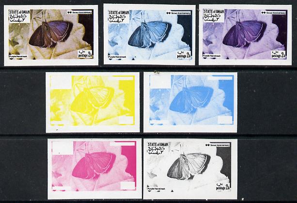 Oman 1974? Scout Anniversary - Butterflies 1b (Purple Hairstreak) set of 7 imperf progressive colour proofs comprising the 4 individual colours plus 2, 3 and all 4-colour..., stamps on butterflies      scouts