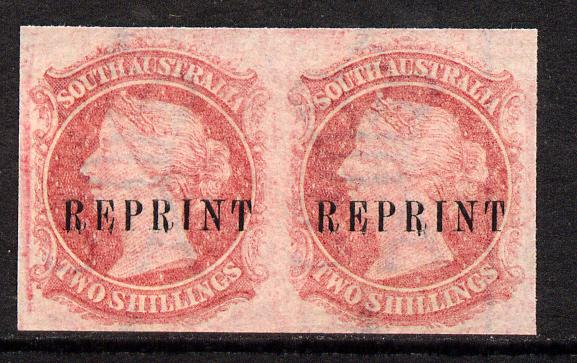 South Australia 1860 imperf pair of 2s carmine (SG 86/7) on watermarked Crown SA paper, each impression opt'd REPRINT (originals c £320), stamps on , stamps on  qv , stamps on 