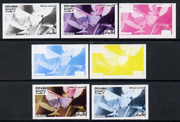 Oman 1974? Scout Anniversary - Butterflies 10b (Long-Tailed Blue) set of 7 imperf progressive colour proofs comprising the 4 individual colours plus 2, 3 and all 4-colour..., stamps on butterflies      scouts