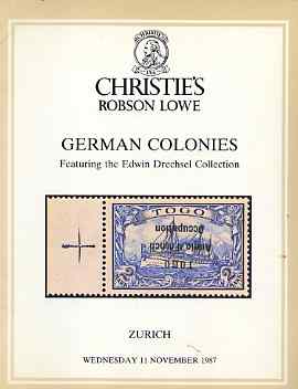 Auction Catalogue - German Colonies - Christies Robson Lowe 11 Nov 1987 - the Edwin Drechsel coll - with prices realised , stamps on 
