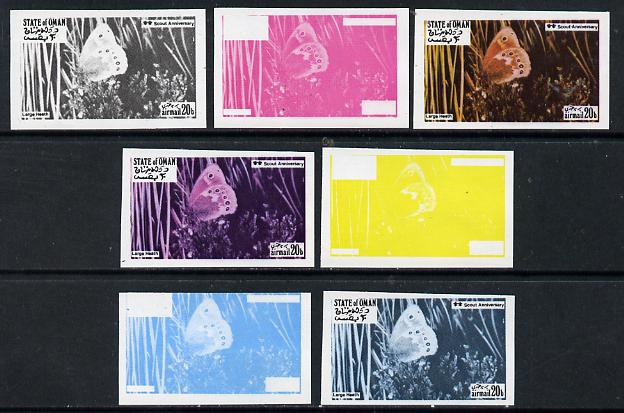 Oman 1974? Scout Anniversary - Butterflies 20b (Large Heath) set of 7 imperf progressive colour proofs comprising the 4 individual colours plus 2, 3 and all 4-colour comp..., stamps on butterflies      scouts