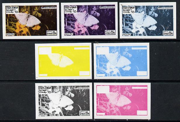 Oman 1974? Scout Anniversary - Butterflies 25b (Adonis Blue) set of 7 imperf progressive colour proofs comprising the 4 individual colours plus 2, 3 and all 4-colour composites unmounted mint, stamps on butterflies      scouts