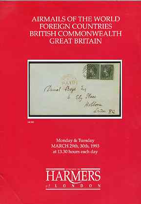 Auction Catalogue - Airmails of the World - Harmers 29-30 Mar 1993 - incl  the Coni coll of Gambia - with prices realised, stamps on 