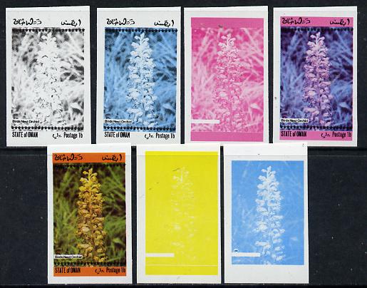 Oman 1973 Orchids (With Scout Emblems) 1b (Birds Nest Orchid) set of 7 imperf progressive colour proofs comprising the 4 individual colours plus 2, 3 and all 4-colour com..., stamps on flowers   orchids      scouts