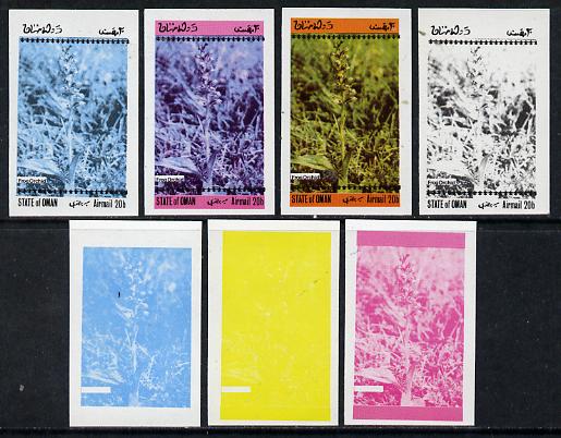 Oman 1973 Orchids (With Scout Emblems) 20b (Frog Orchid) set of 7 imperf progressive colour proofs comprising the 4 individual colours plus 2, 3 and all 4-colour composites unmounted mint, stamps on flowers   orchids      scouts