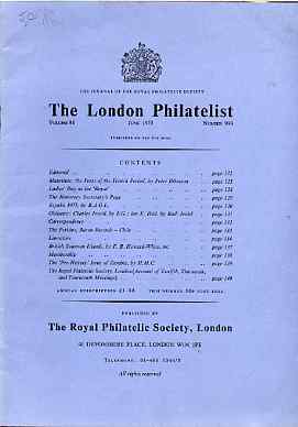 Literature - London Philatelist Vol 84 Number 0990 dated June 1975 - with articles relating to Mauritius, Perkins Bacon, Chile, British Solomon Islands & Zambia, stamps on 