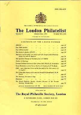 Literature - London Philatelist Vol 85 Number 0999-1000 dated Mar-Apr 1976 - with articles relating to Mauritius, Trinidad, Specimen of Tasmania, Archives, German East Af..., stamps on 