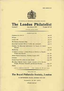 Literature - London Philatelist Vol 87 Number 1027-28 dated July-Aug 1978 - with articles relating to Queensland, Rumania, Gibraltar & German South West Africa, stamps on 