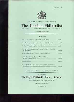 Literature - London Philatelist Vol 95 Number 1125-26 dated Sept-Oct 1986 - with articles relating to Cape of Good Hope, Rhodesia, Palestine & Ceylon, stamps on 