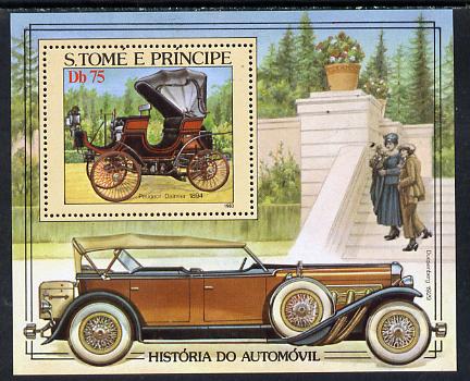 St Thomas & Prince Islands 1983 History of Motoring m/sheet, unmounted mint, Mi BL 137, stamps on cars      peugeot daimler      deusenberg