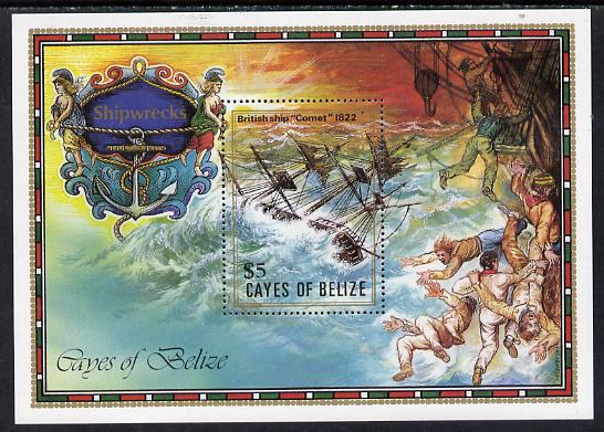 Cayes of Belize 1985 The Comet (Shipwrecks) $5 unmounted mint m/sheet , stamps on ships, stamps on shipwrecks, stamps on disaster, stamps on rescuefigureheads