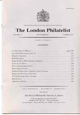 Literature - London Philatelist Vol 110 Number 1288 dated September 2001 - with articles relating to Prince Edward Island, Falkland Islands & New Zealand Provisionals, stamps on 