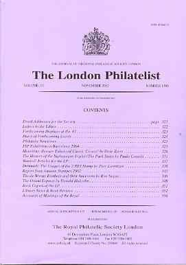 Literature - London Philatelist Vol 110 Number 1300 dated November 2002 - with articles relating to Mauritius, Brazil, Denmark & De Worms, stamps on 