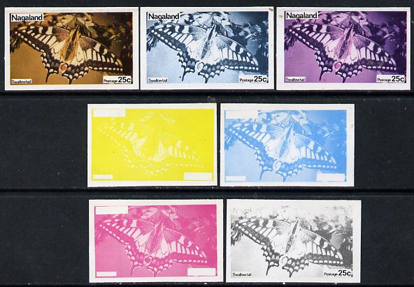 Nagaland 1974 Butterflies 25c (Swallowtail) set of 7 imperf progressive colour proofs comprising the 4 individual colours plus 2, 3 and all 4-colour composites unmounted mint, stamps on butterflies