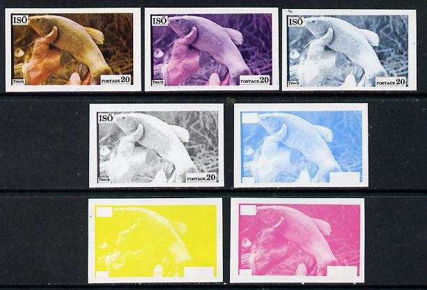 Iso - Sweden 1973 Fish 20 (Tench) set of 7 imperf progressive colour proofs comprising the 4 individual colours plus 2, 3 and all 4-colour composites unmounted mint, stamps on fish     marine-life, stamps on  iso , stamps on 
