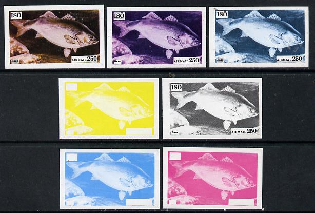Iso - Sweden 1973 Fish 250 (Bass) set of 7 imperf progressive colour proofs comprising the 4 individual colours plus 2, 3 and all 4-colour composites unmounted mint, stamps on fish     marine-life, stamps on  iso , stamps on 
