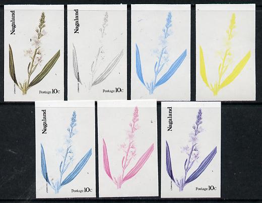 Nagaland 1974 Flowers 10c (Lysimachia Ephemerum) set of 7 imperf progressive colour proofs comprising the 4 individual colours plus 2, 3 and all 4-colour composites unmounted mint, stamps on flowers
