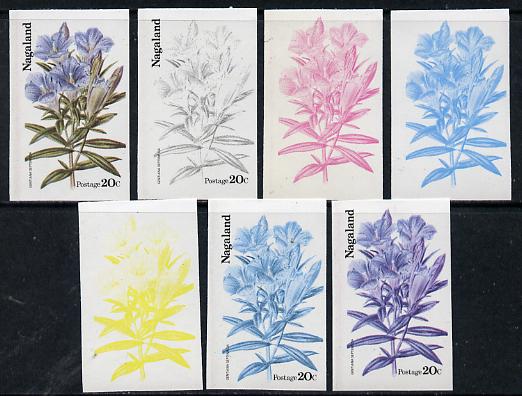 Nagaland 1974 Flowers 20c (Gentiana Septemfida) set of 7 imperf progressive colour proofs comprising the 4 individual colours plus 2, 3 and all 4-colour composites unmounted mint, stamps on flowers