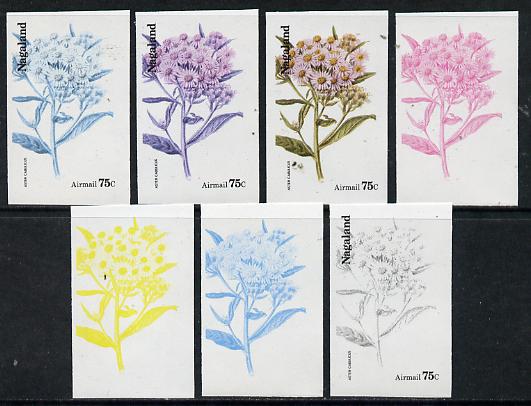 Nagaland 1974 Flowers 75c (Aster Cabulicus) set of 7 imperf progressive colour proofs comprising the 4 individual colours plus 2, 3 and all 4-colour composites unmounted mint, stamps on flowers