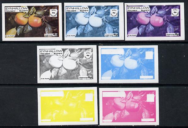 Eynhallow 1974 Fruit (Scout Anniversary) 4p (Crab Apple) set of 7 imperf progressive colour proofs comprising the 4 individual colours plus 2, 3 and all 4-colour composit..., stamps on fruit      scouts