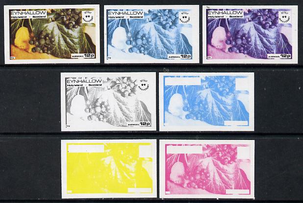 Eynhallow 1974 Fruit (Scout Anniversary) 12p (Ivy) set of 7 imperf progressive colour proofs comprising the 4 individual colours plus 2, 3 and all 4-colour composites unm..., stamps on fruit      scouts