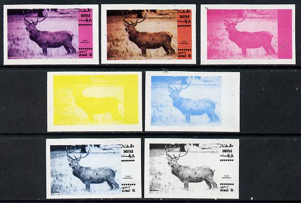 Dhufar 1974 Scout Anniversary (Wildlife) 8b (Red Deer) set of 7 imperf progressive colour proofs comprising the 4 individual colours plus 2, 3 and all 4-colour composites unmounted mint, stamps on , stamps on  stamps on annimals    deer    scouts