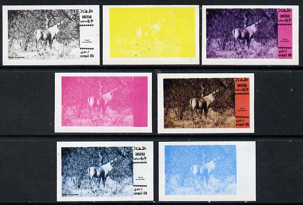 Dhufar 1974 Scout Anniversary (Wildlife) 10b (Roan Antelope) set of 7 imperf progressive colour proofs comprising the 4 individual colours plus 2, 3 and all 4-colour comp..., stamps on animals, stamps on antelope, stamps on scouts