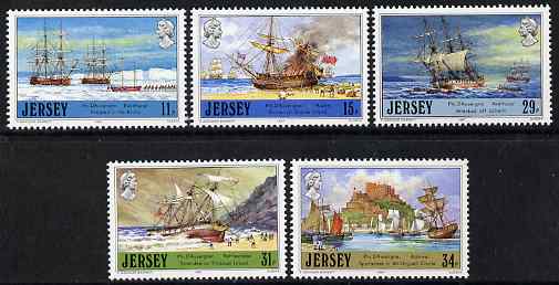 Jersey 1987 Jersey Adventurers (2nd Series) Philippe D'Auvergne set of 5 unmounted mint, SG 417-21, stamps on ships, stamps on polar, stamps on fire, stamps on ship wrecks, stamps on 