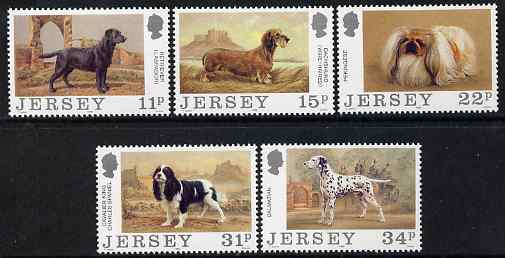 Jersey 1988 Centenary of Jersey Dog Club set of 5 unmounted mint, SG 428-32, stamps on , stamps on  stamps on dogs, stamps on  stamps on retriever, stamps on  stamps on dachshund, stamps on  stamps on pekingese, stamps on  stamps on spaniel, stamps on  stamps on dalmatian