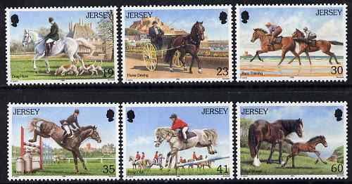 Jersey 1996 Horses set of 6 unmounted mint, SG 758-63, stamps on animals, stamps on horses, stamps on hunting, stamps on dogs, stamps on horse racing