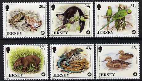 Jersey 1997 Wildlife Preservation Trust (6th series) set of 6 unmounted mint SG 824-29, stamps on animals, stamps on pigs, stamps on birds, stamps on parrots, stamps on ducks, stamps on reptiles, stamps on frogs