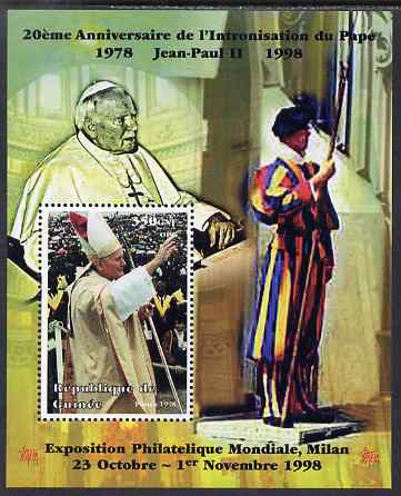Guinea - Conakry 1998 Pope John Paul II - 20th Anniversary of Pontificate perf s/sheet #08 unmounted mint. Note this item is privately produced and is offered purely on its thematic appeal - please note: due to the method of perforating, a tiny guide hole appears in the top of this s/sheet, stamps on personalities, stamps on religion, stamps on pope, stamps on 