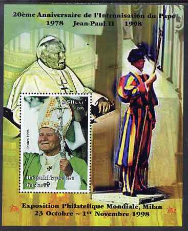 Guinea - Conakry 1998 Pope John Paul II - 20th Anniversary of Pontificate perf s/sheet #18 unmounted mint. Note this item is privately produced and is offered purely on its thematic appeal - please note: due to the method of perforating, a tiny guide hole appears in the top of this s/sheet, stamps on personalities, stamps on religion, stamps on pope, stamps on 