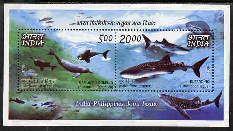 India & Philippines 2009 Joint Issue - Whales & Dolphins perf m/sheet containing 2 values unmounted mint , stamps on whales, stamps on dolphins.marine life
