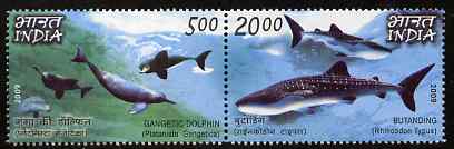 India & Philippines 2009 Joint Issue - Whales & Dolphins perf set of 2 values (se-tenant pair) unmounted mint , stamps on whales, stamps on dolphins.marine life