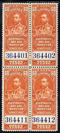 Canada 1930 Revenue KG5 60c Electricity & Gas Inspection block of 4 unmounted mint, stamps on revenue, stamps on cinderella, stamps on  kg5 , stamps on energy