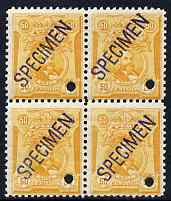 Peru 1909 Grau 50c yellow block of 4 each with small security punch hole and overprinted SPECIMEN in black (20 x 4.0 mm) unmounted mint, ex file copy from ABNCo archives,..., stamps on 